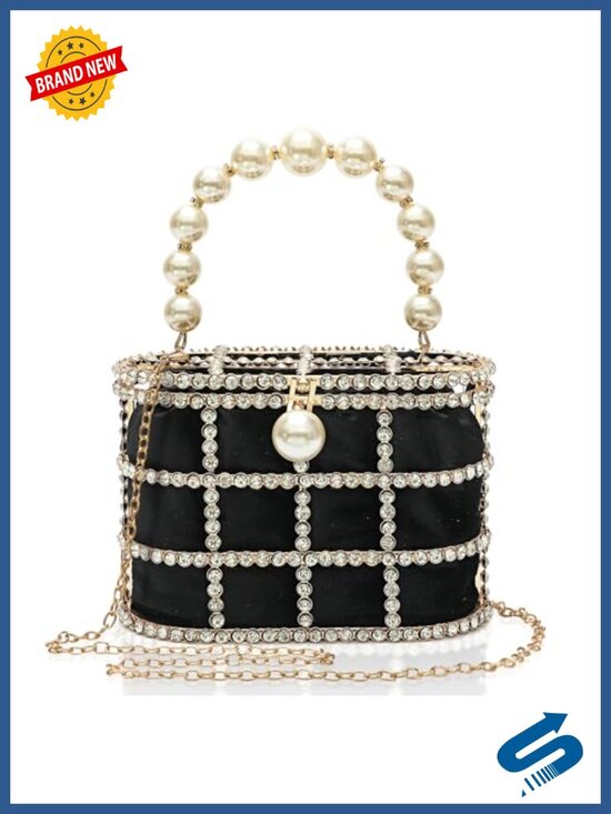 Handbags - Sparkly Rhinestone Clutch Evening Bag with Pearl Handle Detachable Chain